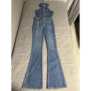 Ramy Brook Women Mock Neck Front Zip Sleeveless Liwas Blue Denim Jumpsuit Sz sml